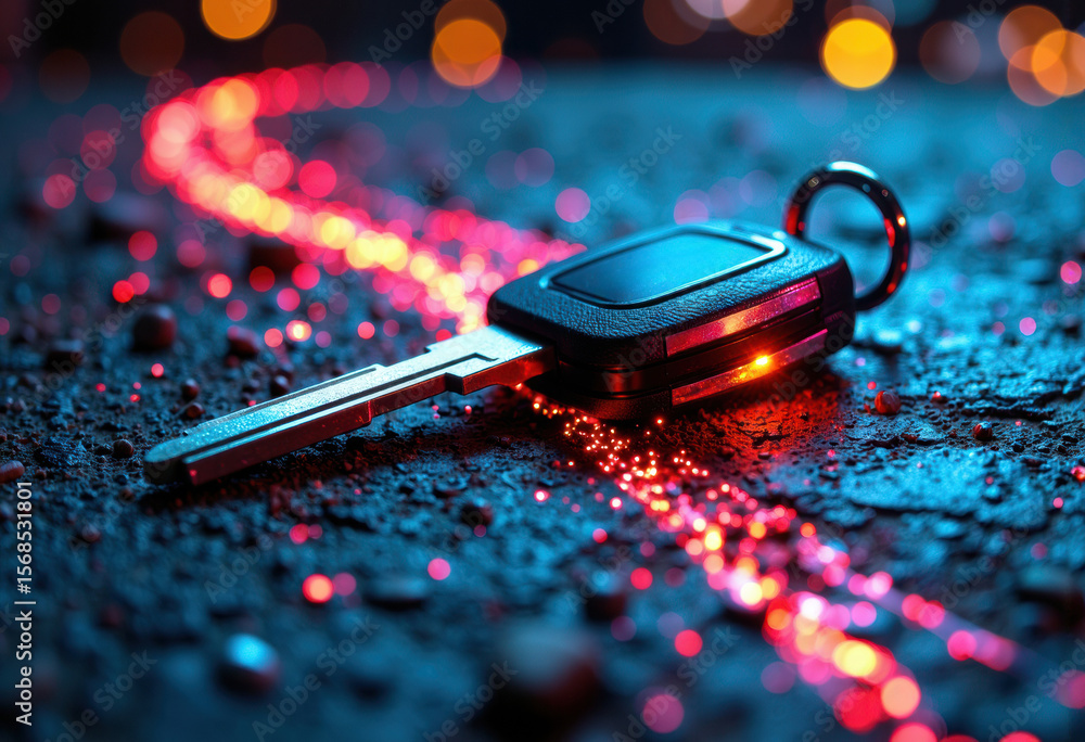 Poster car key with illuminated light trails on a dark textured surface creating a futuristic atmosphere