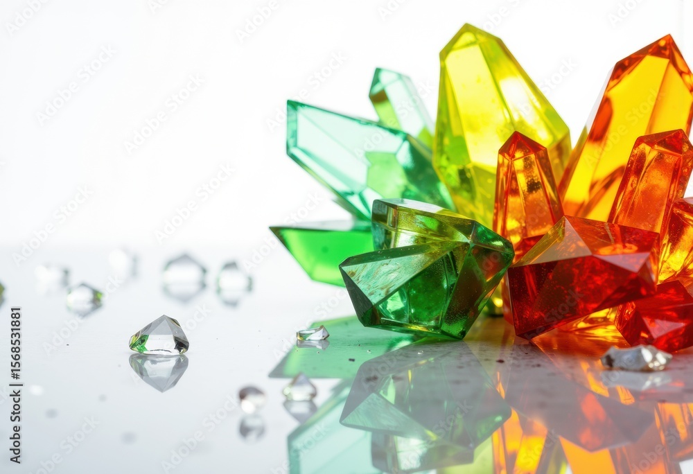 Poster colorful crystal gems arranged on a reflective surface, creating a vibrant display