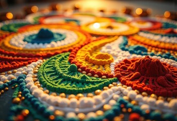 Colorful rangoli design with intricate patterns and vibrant hues