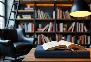 Cozy reading nook with a bookshelf, armchair, and warm lighting for a relaxing atmosphere