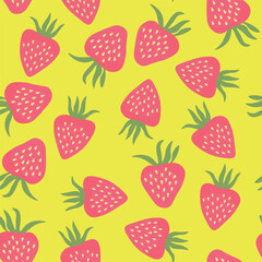 Seamless pattern with strawberry on color background. Natural delicious fresh ripe tasty fruit. Vector illustration for print, fabric, textile, banner, other design. Food concept.