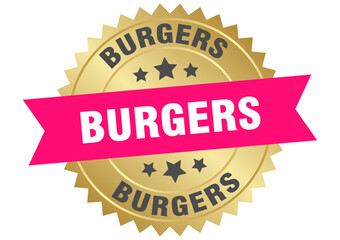 burgers. burgers round pink and gold label isolated on transparent background