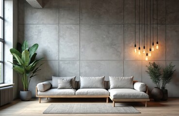 Minimalist loft apartment featuring concrete wall, light wood floor, large window. Comfortable grey sofa with cushions, rug, potted plants create modern, urban living space. Edison bulbs hang