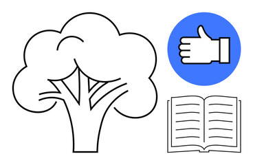 Tree outline showcasing nature, open book symbolizing learning, and thumbs-up in blue circle for positivity. Ideal for education, sustainability, eco-awareness, learning platforms, approvals