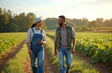 Two happy farmers, man, woman, walk, talk on sustainable farm during harvest season. Partners in agribusiness, discussing work in organic fields, representing teamwork, agricultural success with