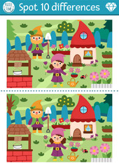 Find differences game for children. Dwarf educational activity with cute garden gnomes. Magic forest puzzle for kids. Fairytale printable worksheet, page for attention with woodland scene