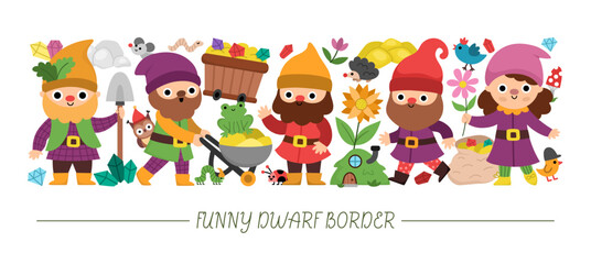 Obraz premium Vector horizontal frame with dwarf, forest animals, houses, fairytale creature. Magic garden or woodland card template design, banner. Cute fantasy border illustration with gnomes