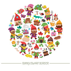 Vector round frame with dwarf, forest animals, houses, fairytale creature. Magic garden or woodland card template design for banner, invitation. Cute fantasy illustration with gnomes
