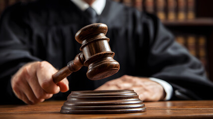 A judge wielding a gavel in the courtroom symbolizes law, justice, legal services, and the importance of legislation