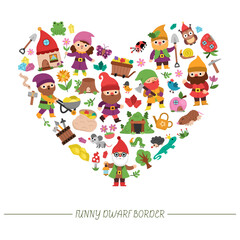Vector heart shaped frame with dwarf, forest animals, houses, fairytale creature. Magic garden or woodland card template design for banner, invitation. Cute fantasy illustration with gnomes