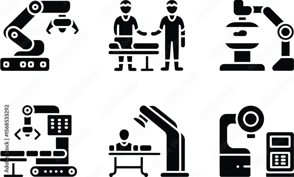 Poster set of icons representing industrial automation and robotics in manufacturing processes