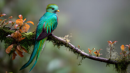 Obraz premium Vibrant Resplendent Quetzal perches on a moss-covered branch in misty Savegre cloud forest, its iridescent feathers glistening in soft, emerald green light, Costa Rica.