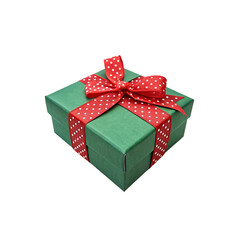 Obraz premium Beautiful Green Gift Box Tied With A Festive Red Polka Dot Ribbon