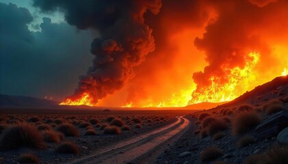 Fiery Inferno Consumes Desolate Desert Landscape Intense Heat and Vibrant Flames in a Chaotic Scene of Destruction and Raw Power