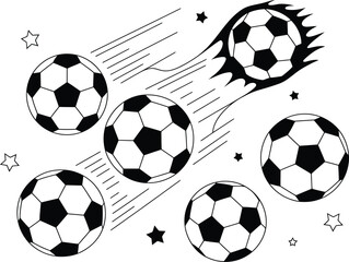 Dynamic black and white soccer balls in motion with stars and streaks