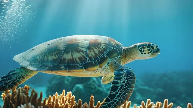 Underwater Turtle's Journey: An majestic sea turtle, navigates through the deep blue sea, with sunlight streaming down and illuminating the beautiful coral. Capturing the magic of the deep ocean.