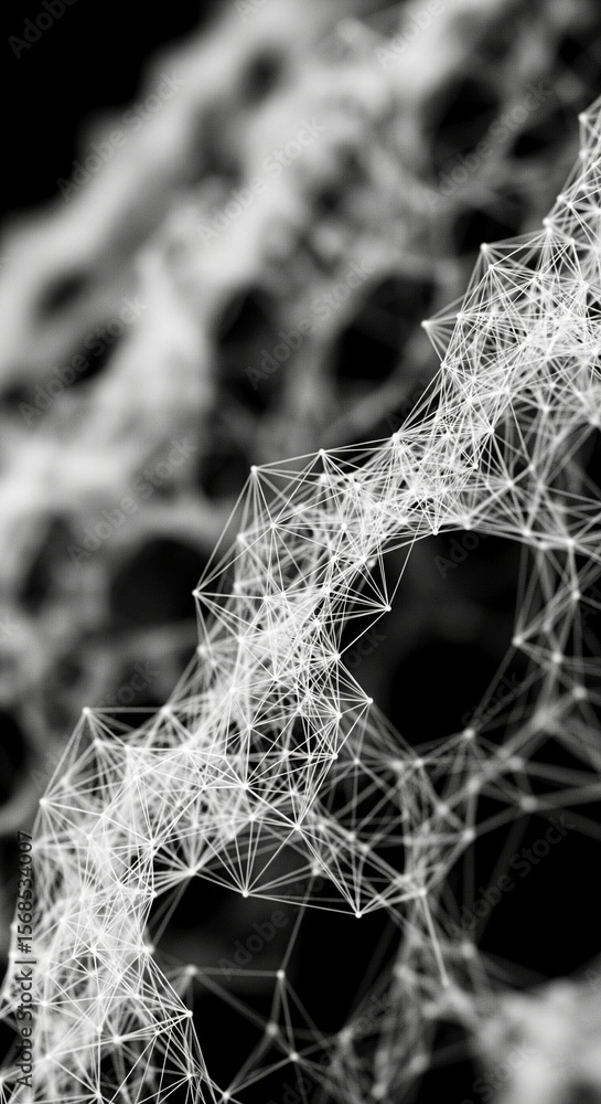 Poster abstract grayscale image of interconnected nodes forming a network structure, suggesting connection,