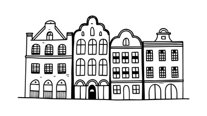 Vintage Cityscape Line Art of European Architecture in Pencil Sketch Style