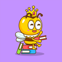 illustration of cute cartoon queen bee reading book
