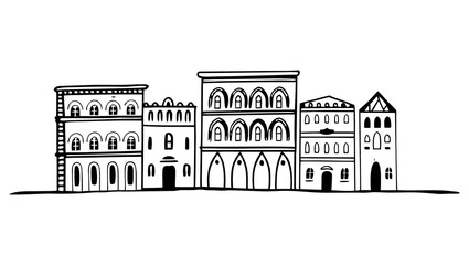 Monochrome Drawing of Classic European Buildings with Arched Windows and Stippling Texture