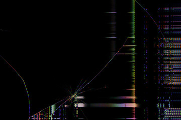 Close-up of a broken LCD screen showing radiating cracks, fragmented pixel lines, and colorful...