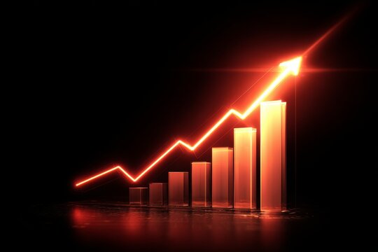 Glowing red bar graph with upward arrow on black background