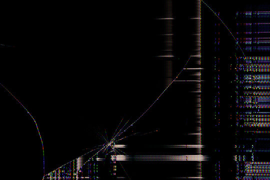 Close-up of a broken LCD screen showing radiating cracks, fragmented pixel lines, and colorful digital distortion in dark surroundings.