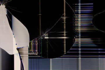 Close-up of a shattered LCD screen displaying colorful glitch patterns, horizontal scan lines, and...
