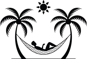 Silhouette of a person relaxing in a hammock between two palm trees under the sun