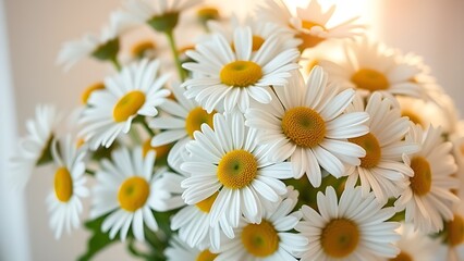 Fototapeta premium Fresh daisy bouquet bathed in soft sunlight, showcasing delicate pastel petals.