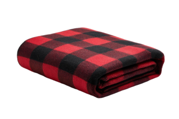 A red and black plaid blanket is laying on a white background