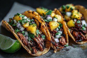 Fototapeta premium Delicious tacos with pineapple and cilantro garnish on corn tortillas