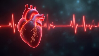 Human heart pulsing with red glowing electrocardiogram lines on dark abstract background. Detailed anatomical illustration emphasizes cardiovascular health, vital signs. Dynamic visual impact with