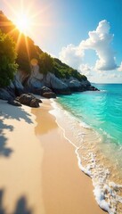 Golden Hour Sunlight Illuminates Pristine Beach Turquoise Water, Soft Sand, Tranquil Coastal Paradise, Perfect for Travel & Nature Photography