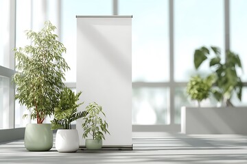 Blank white roll up banner stand with potted plants in a modern office with large windows and natural light
