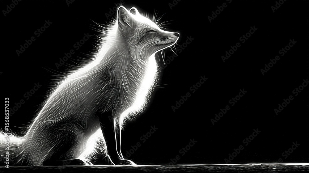 Poster monochrome image of a fox resting on the ground with its head facing upward