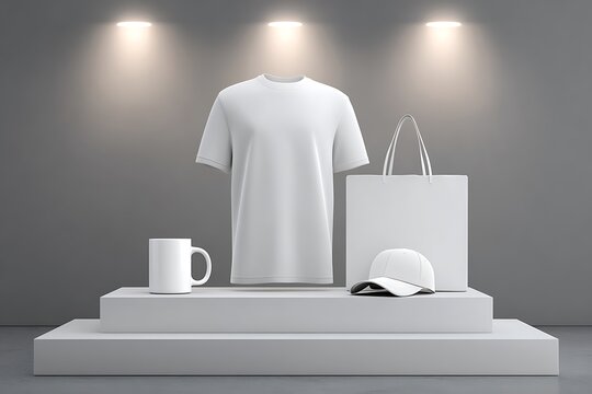Blank white t shirt tote bag mug and baseball cap displayed on a modern white pedestal for product customization