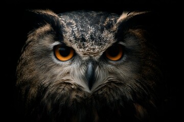 Majestic eurasian eagle owl with intense orange eyes in dark background