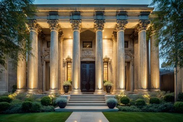 Obraz premium Majestic neoclassical mansion facade with illuminated columns and entrance at dusk