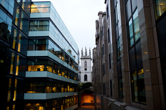 london glass buildings alleyway