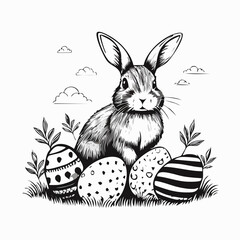 Easter bunny with decorated Easter eggs in a field Image Vector on white background.