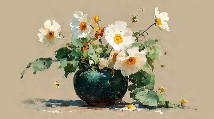   A white and yellow flower arrangement in a green vase on a beige background, tagged with red and white stripes