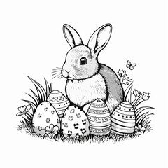 Easter bunny with decorated Easter eggs in a field Image Vector on white background.
