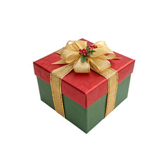 Obraz premium Festive Christmas Gift Box With Gold Ribbon Bow And Holly Berries Decoration