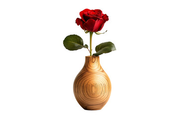 Red rose on a wooden vase isolated on a transparent background