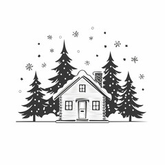 Naklejka premium A cozy cabin nestled in a snowy forest with falling snow Image Vector Isolated on white background.