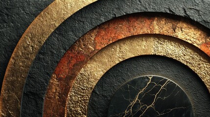   A close-up of a black and gold wall featuring a circle in the center, surrounded by another circle