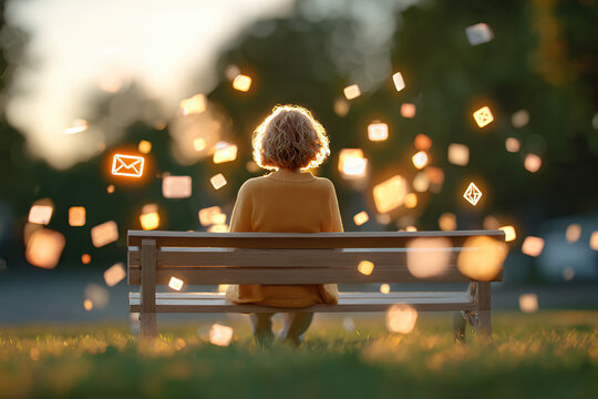 Person reflecting while seated on a park bench surrounded by digital notifications at sunset
