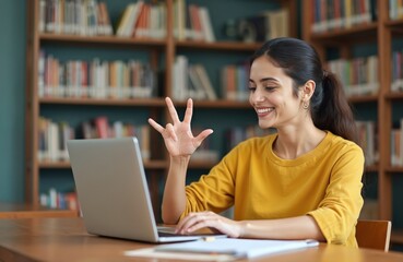 Young Indian woman communicates via sign language over video call. Happy teacher teaches student with hearing disability using laptop in library. Online learning supports deaf individuals with