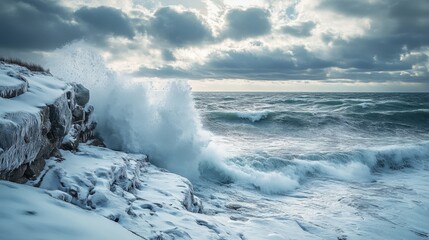 Fototapeta premium Powerful winter waves crashing against a snowy cliff.